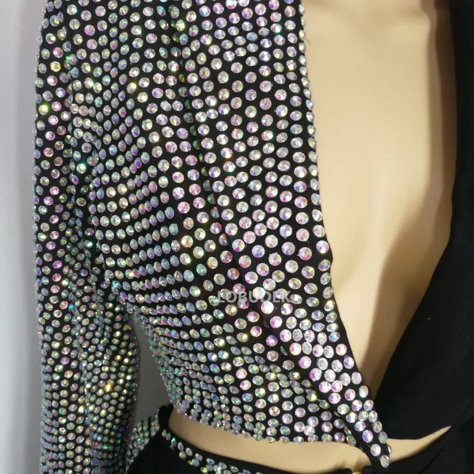 Sparkly Rhinestones Blazers Shorts Sexy 2 Pieces Set DJ Women Singer Nightclub Bar Concert Dance Costume Party Show Rave Outfit