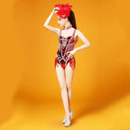 The Stardust Crimson Cabaret Bodysuit – Luxury Red Rhinestone & Chain Showgirl Costume