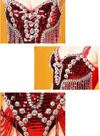 The Stardust Crimson Cabaret Bodysuit – Luxury Red Rhinestone & Chain Showgirl Costume