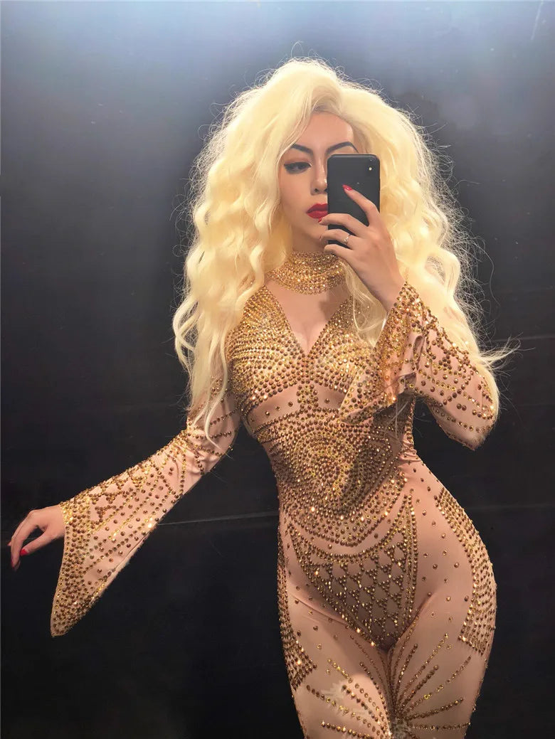 Gold Crystal Illusion Jumpsuit Long Sleeve Rhinestone Catsuit Stage Performance Wear