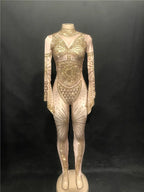Gold Crystal Illusion Jumpsuit Long Sleeve Rhinestone Catsuit Stage Performance Wear