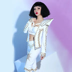White Studded Punk Rivet Crop Jacket & Pants 2-Piece Singer Stage Costume Set
