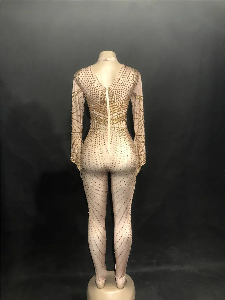 Gold Crystal Illusion Jumpsuit Long Sleeve Rhinestone Catsuit Stage Performance Wear