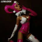 Pink Faux Leather Bikini, Furry Horns & Thigh-High Leg Covers 4-Piece Cosplay Stage Costume Set