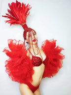 Red White Feather Beading Headgear Rhinestones Bikini Set for Nightclub Bar Leading Dance Team Model Show Performance Costume