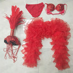 Red White Feather Beading Headgear Rhinestones Bikini Set for Nightclub Bar Leading Dance Team Model Show Performance Costume