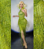Sparkly Lime Green Rhinestone & Tassel Fringe Bodycon Dress Stage Performance Costume