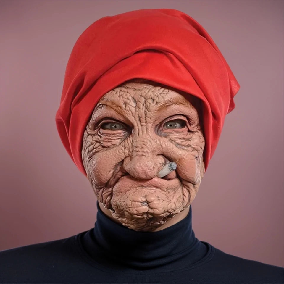 Funny Smoking Granny Old Nana Latex Mask Lady Grandma With Wrinkled Face and Red Scarf Masks Halloween Party Costume Props - Big Tim's Magic Emporium