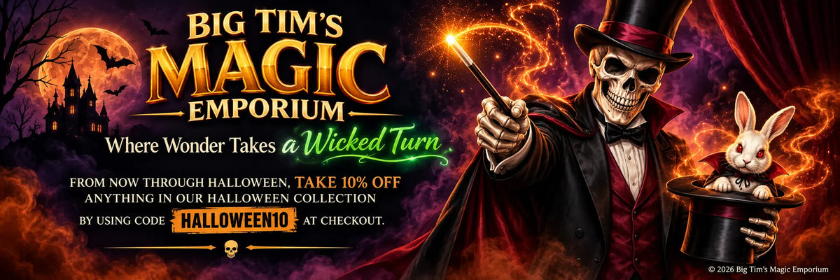 Halloween image featuring a skeleton magician holding a top hat with a Dracula bunny peaking out.