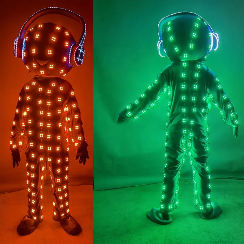LED Light Illuminated Robot Suit Armor Luminous Cosplay Costume Clothing with Headphone for Night Club Party or KTV