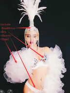 Red White Feather Beading Headgear Rhinestones Bikini Set for Nightclub Bar Leading Dance Team Model Show Performance Costume