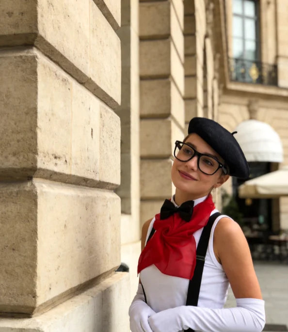 PESENAR French Mime Artist Costume Accessory Set with Beret, Red Scarf, Bow Tie, Glasses and White Gloves - Big Tim's Magic Emporium