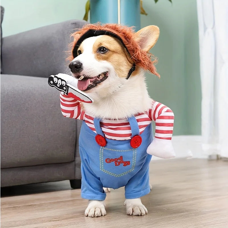 Halloween Summer Spring Striped Funny Bloody Doll with Knife Dog Costume for Holiday Party Pet Supplies - Big Tim's Magic Emporium