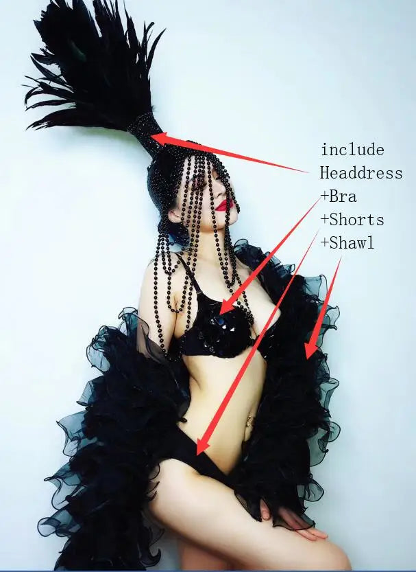 Red White Feather Beading Headgear Rhinestones Bikini Set for Nightclub Bar Leading Dance Team Model Show Performance Costume