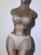 Sparkly Pearl Rhinestone Fringe Bodysuit Sleeveless Nude Stage Dance Leotard