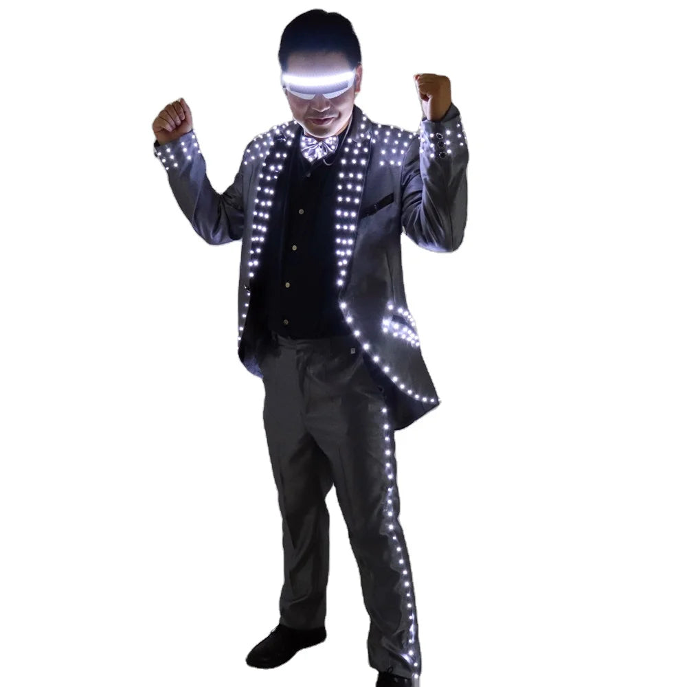 Unisex LED Host Suit Luminous Tuxedo and Magician Costumes PU Material for Wedding Ceremonies and Party Show Stage