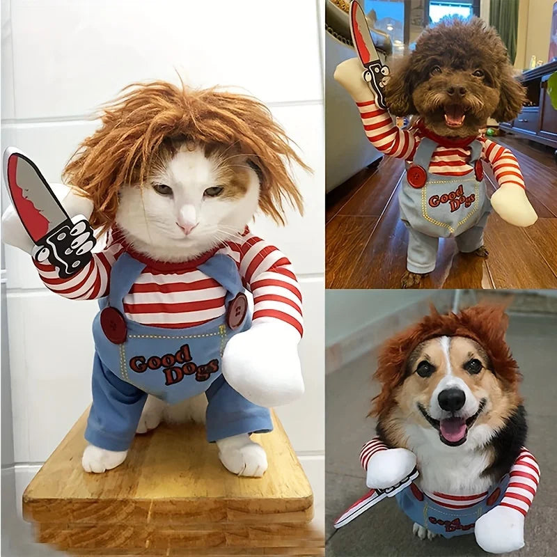 Halloween Summer Spring Striped Funny Bloody Doll with Knife Dog Costume for Holiday Party Pet Supplies - Big Tim's Magic Emporium