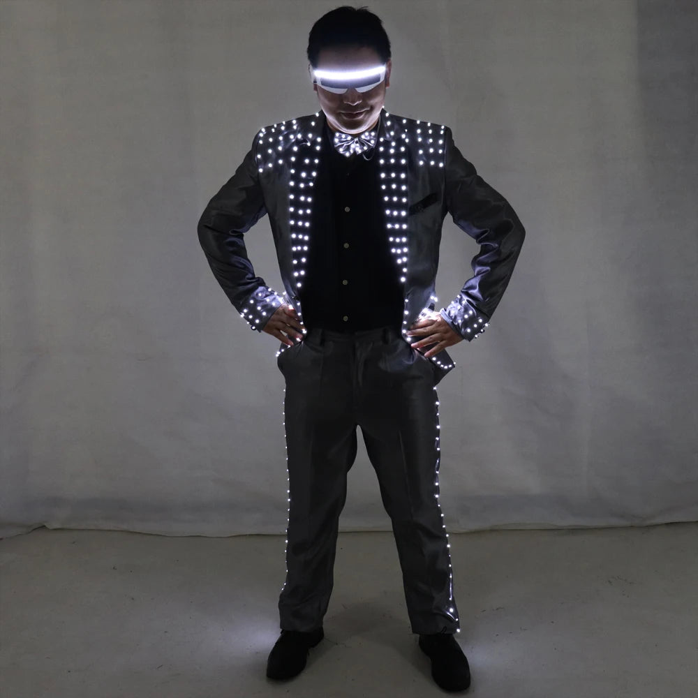 Unisex LED Host Suit Luminous Tuxedo and Magician Costumes PU Material for Wedding Ceremonies and Party Show Stage