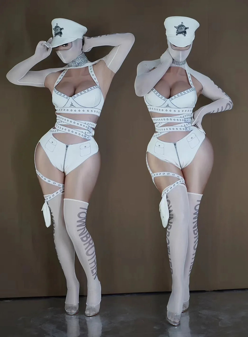 White Cyber Military Commander Bodysuit & Harness Set Men's & Women's Stage Dance Costume