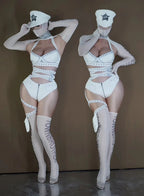 White Cyber Military Commander Bodysuit & Harness Set Men's & Women's Stage Dance Costume