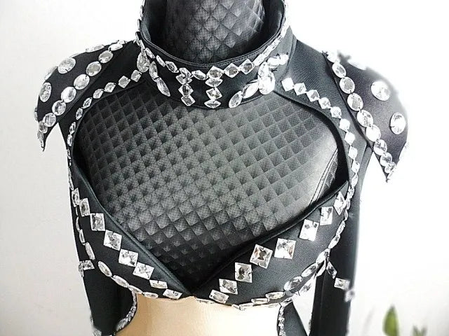 Rhinestone Swallowtail Showgirl Bodysuit – Tuxedo Tails Stage Performance Costume