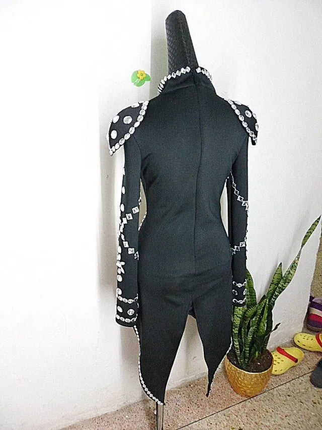 Rhinestone Swallowtail Showgirl Bodysuit – Tuxedo Tails Stage Performance Costume