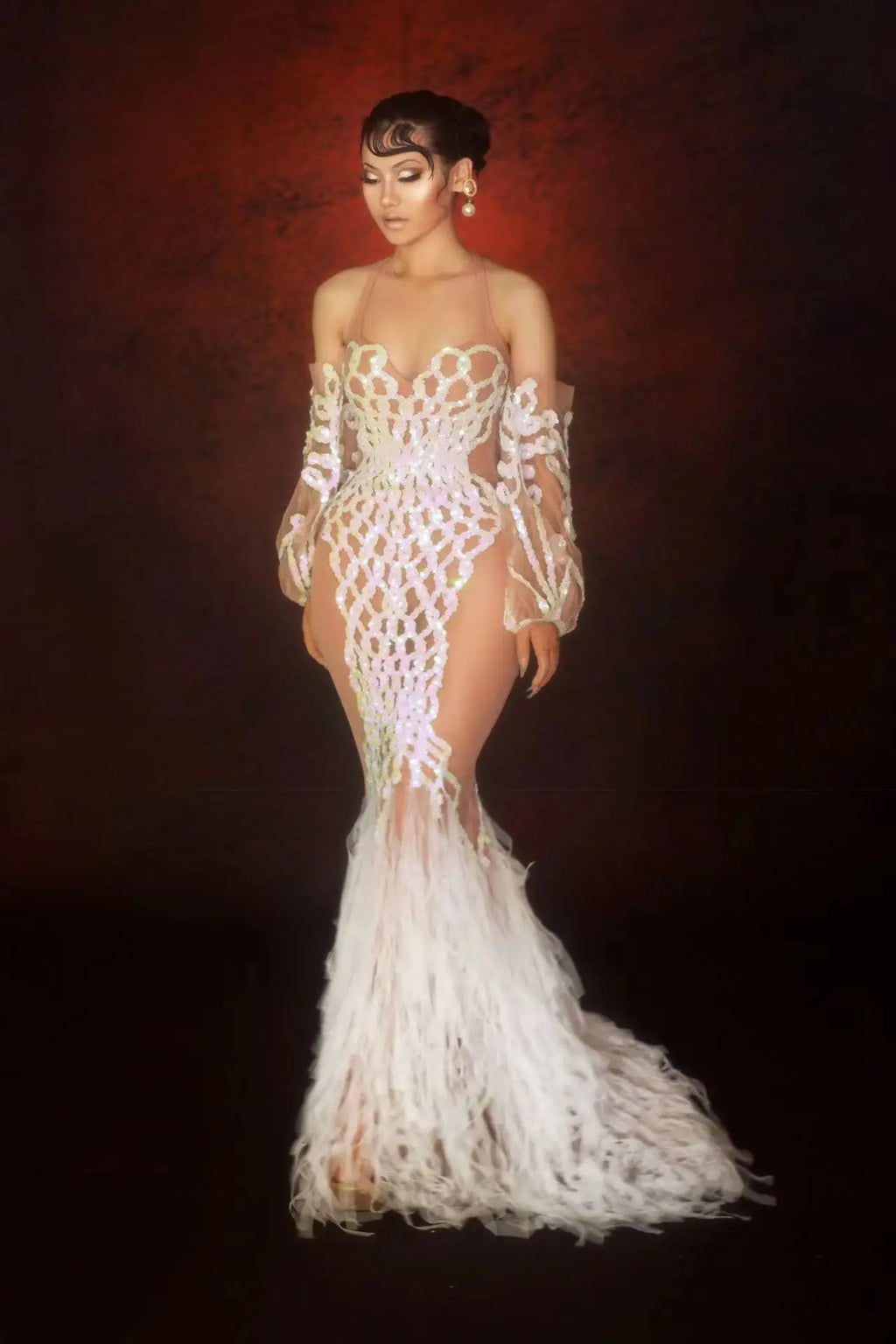 Silver Glitter Sequin Mesh Floor-Length Showgirl Gown – Glamour Stage Performance & Evening Gala Dress