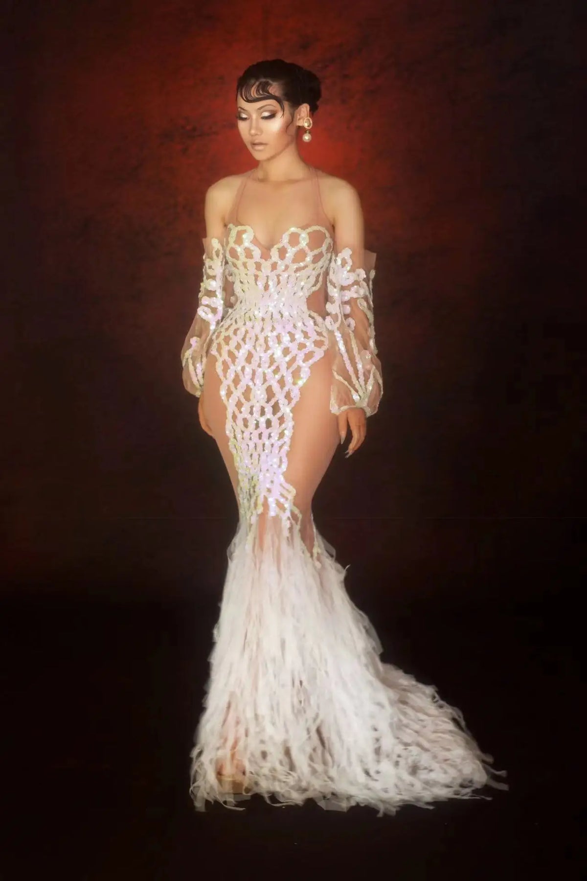 Silver Glitter Sequin Mesh Floor-Length Showgirl Gown – Glamour Stage Performance & Evening Gala Dress
