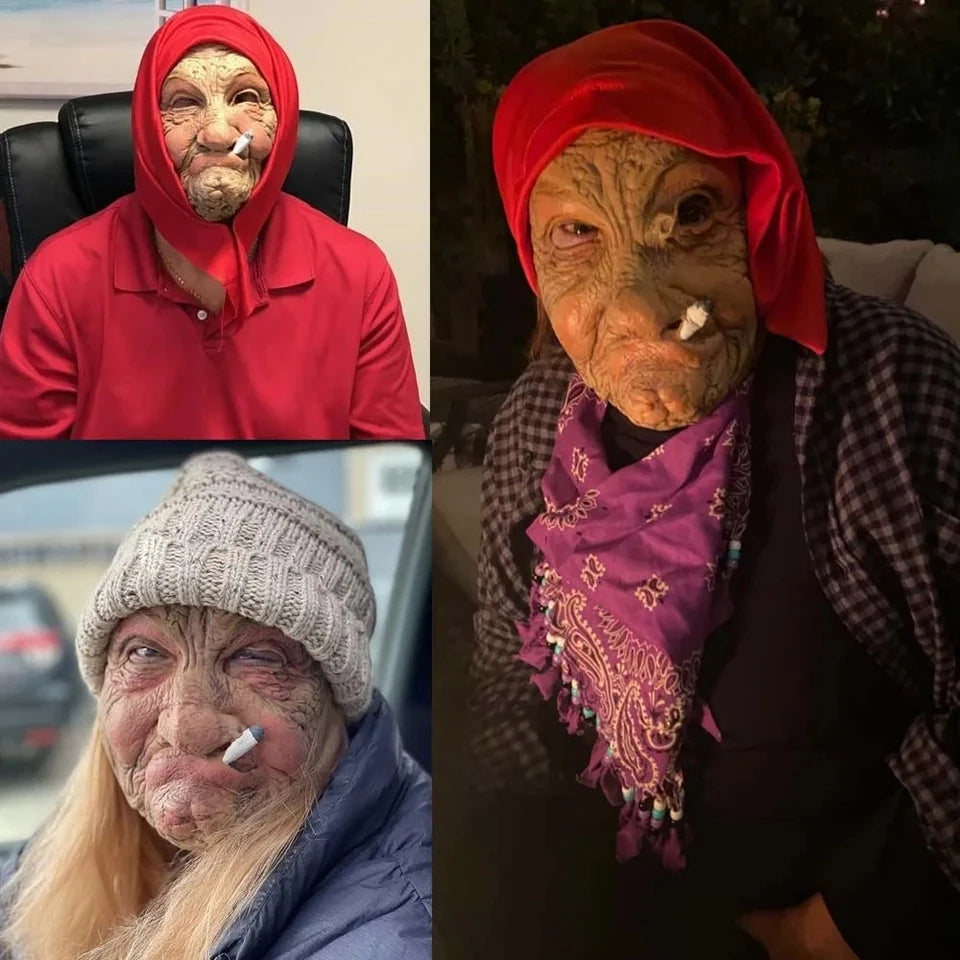 Funny Smoking Granny Old Nana Latex Mask Lady Grandma With Wrinkled Face and Red Scarf Masks Halloween Party Costume Props - Big Tim's Magic Emporium