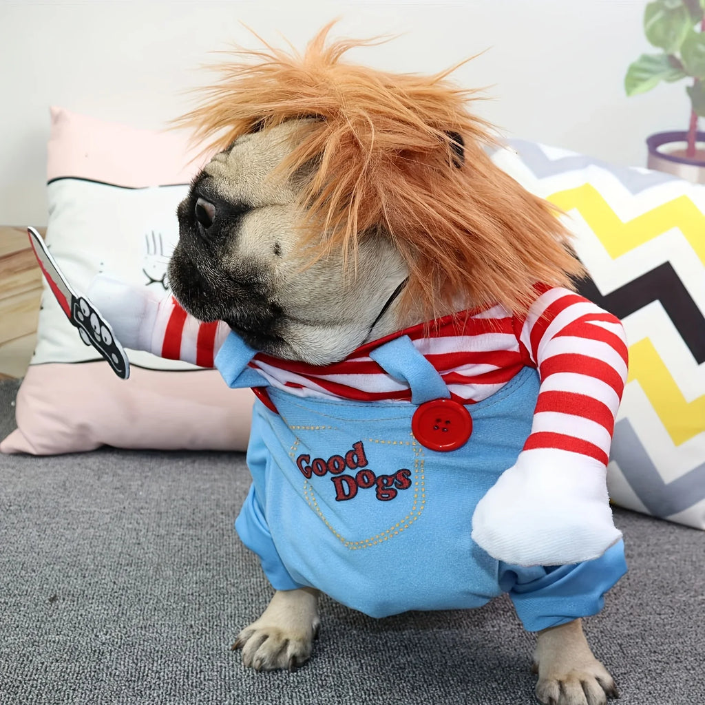 Halloween Summer Spring Striped Funny Bloody Doll with Knife Dog Costume for Holiday Party Pet Supplies - Big Tim's Magic Emporium