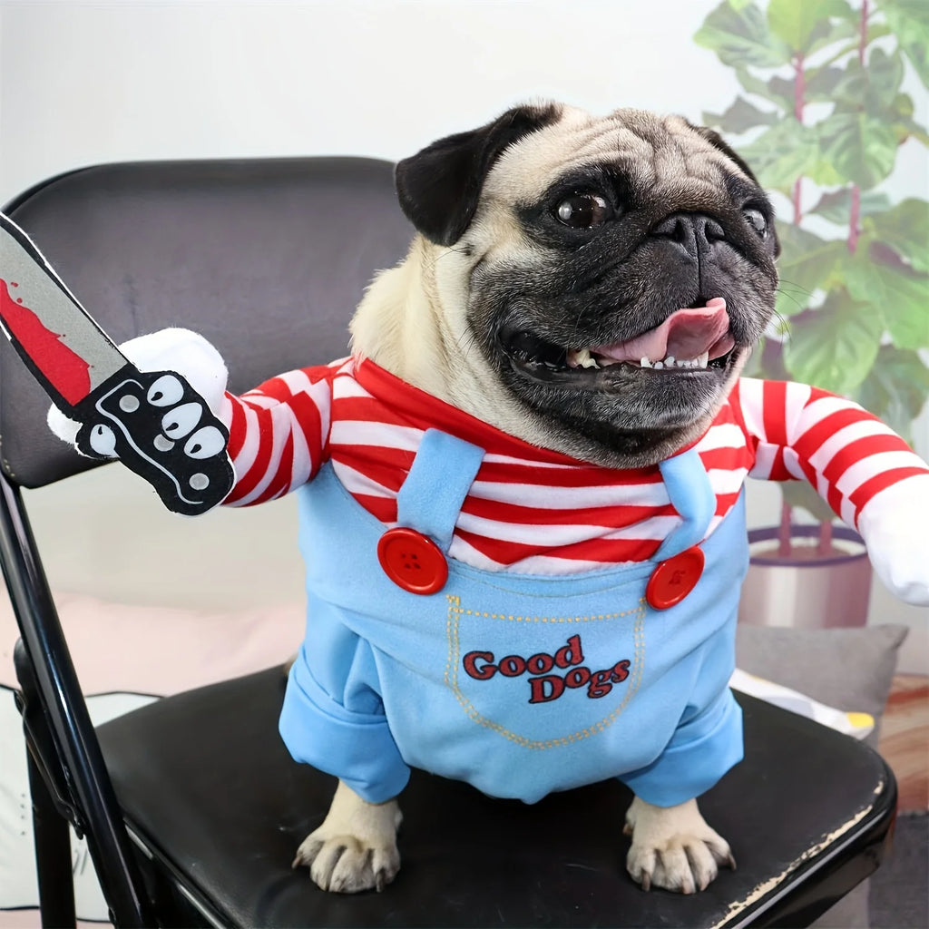 Halloween Summer Spring Striped Funny Bloody Doll with Knife Dog Costume for Holiday Party Pet Supplies - Big Tim's Magic Emporium