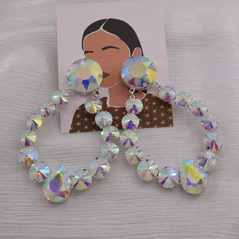 Sparkly Glass Crystal Oval Statement Drop Earrings Drag Queen Stage Jewelry