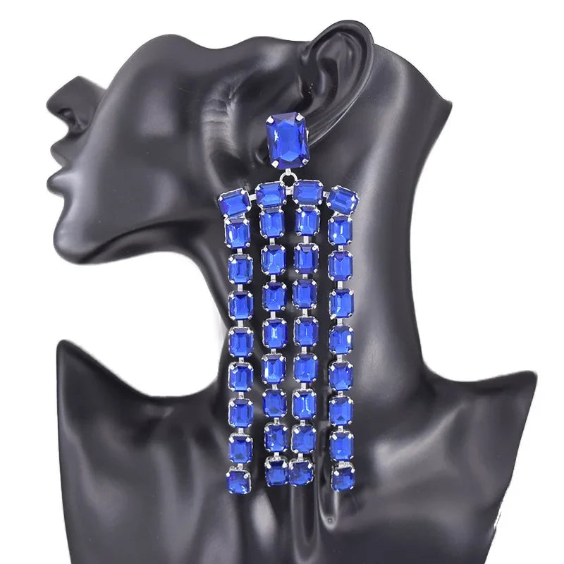 Sparkly 5.2" Glass Crystal Dangle Earrings Drag Queen Stage Jewelry