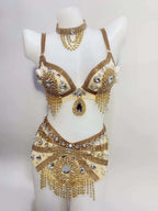 Sparkly Rhinestone Beading Tassel Bikini Sexy Nightclub Stage Wear Fringe Bra High Waist Short DJ Rave Outfit Nightclub Costume