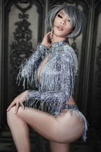 Sparkly Silver Crystal Rhinestone & Fringe Bodysuit Stage Performance Costume