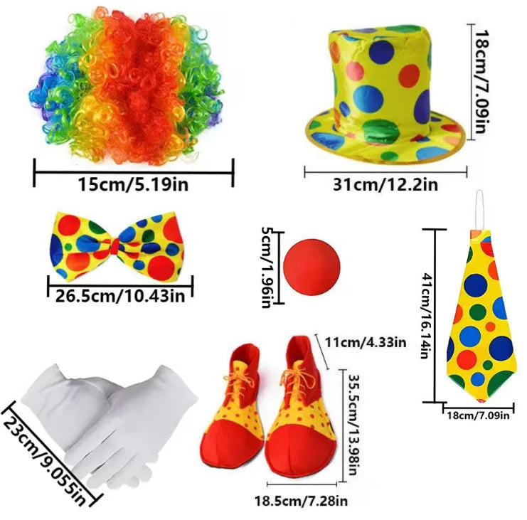 PESENAR Clown Costume Accessory Set With Rainbow Wig, Polka Dot Top Hat and Clown Shoes - Big Tim's Magic Emporium