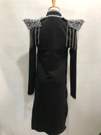 Black Rivet Chain Epaulet Cloak Showgirl Bodysuit Set – Glamour Stage Performance Costume