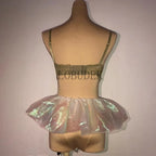 Sexy Nightclub DJ Pole Dance Bikini Costume Silver Rhinestones Rhinestones Chains Bra Shorts Skirt Rave Outfits Festival Clothes