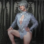 Sparkly Silver Crystal Rhinestone & Fringe Bodysuit Stage Performance Costume