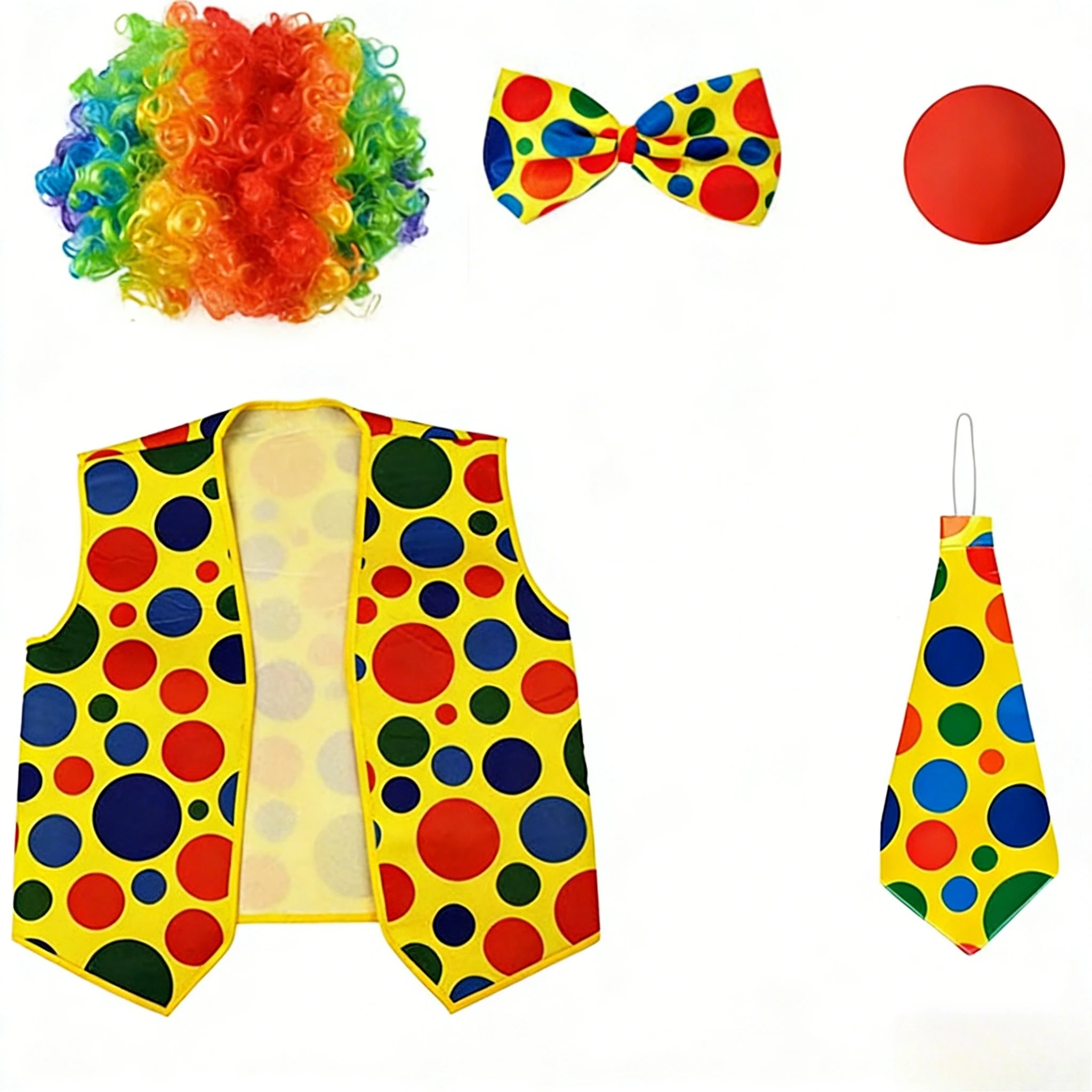 PESENAR Polka Dot Clown Costume Accessory Set with Rainbow Wig, Vest, Bow Tie, Tie and Red Nose