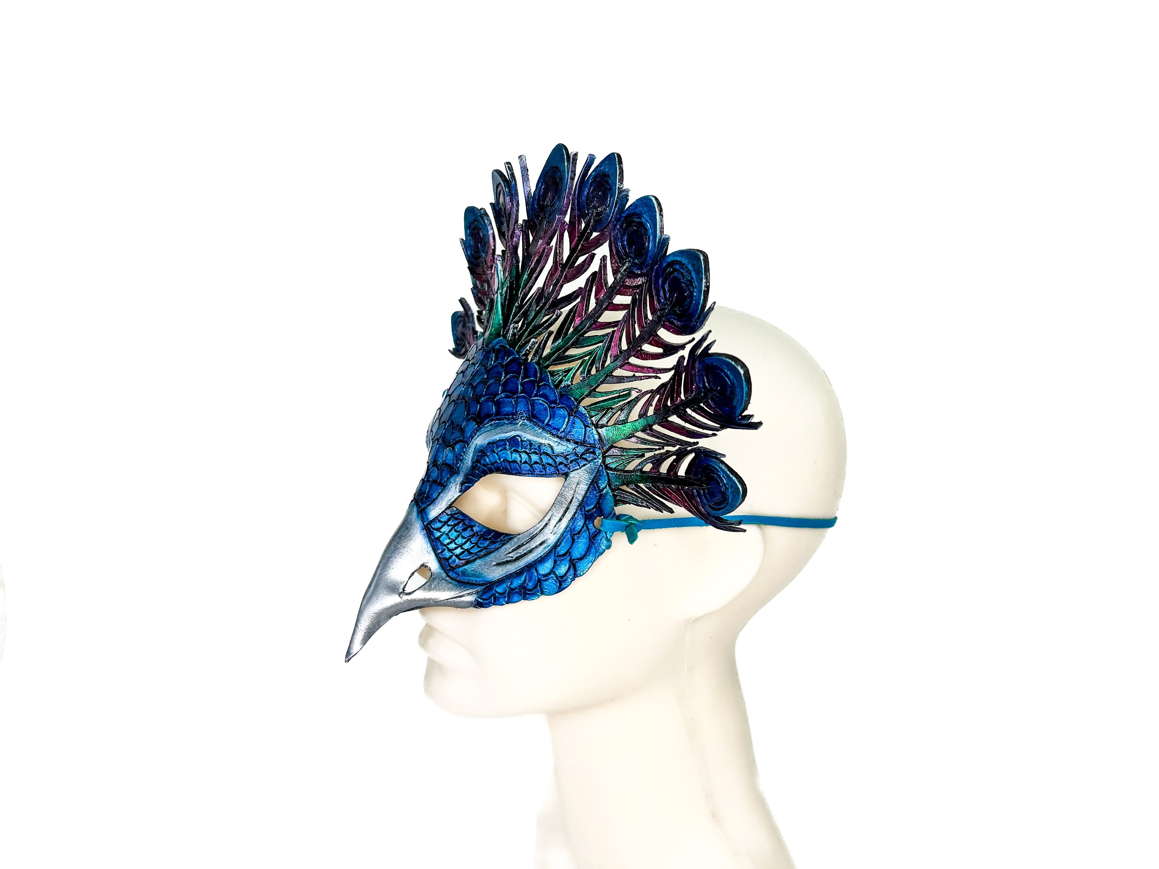 Metallic Blue Peacock Handmade Genuine Leather Mask by Rockwell Masks