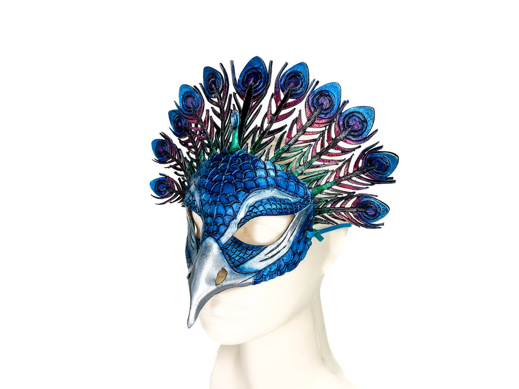 Metallic Blue Peacock Handmade Genuine Leather Mask by Rockwell Masks