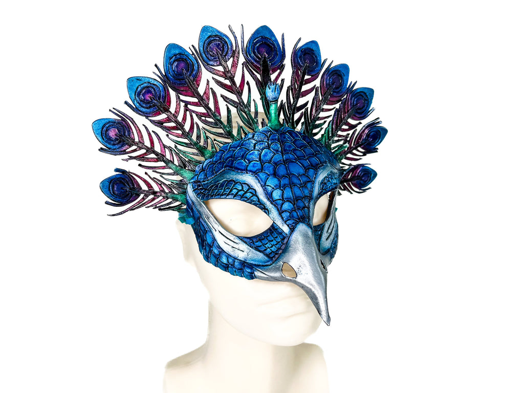 Metallic Blue Peacock Handmade Genuine Leather Mask by Rockwell Masks