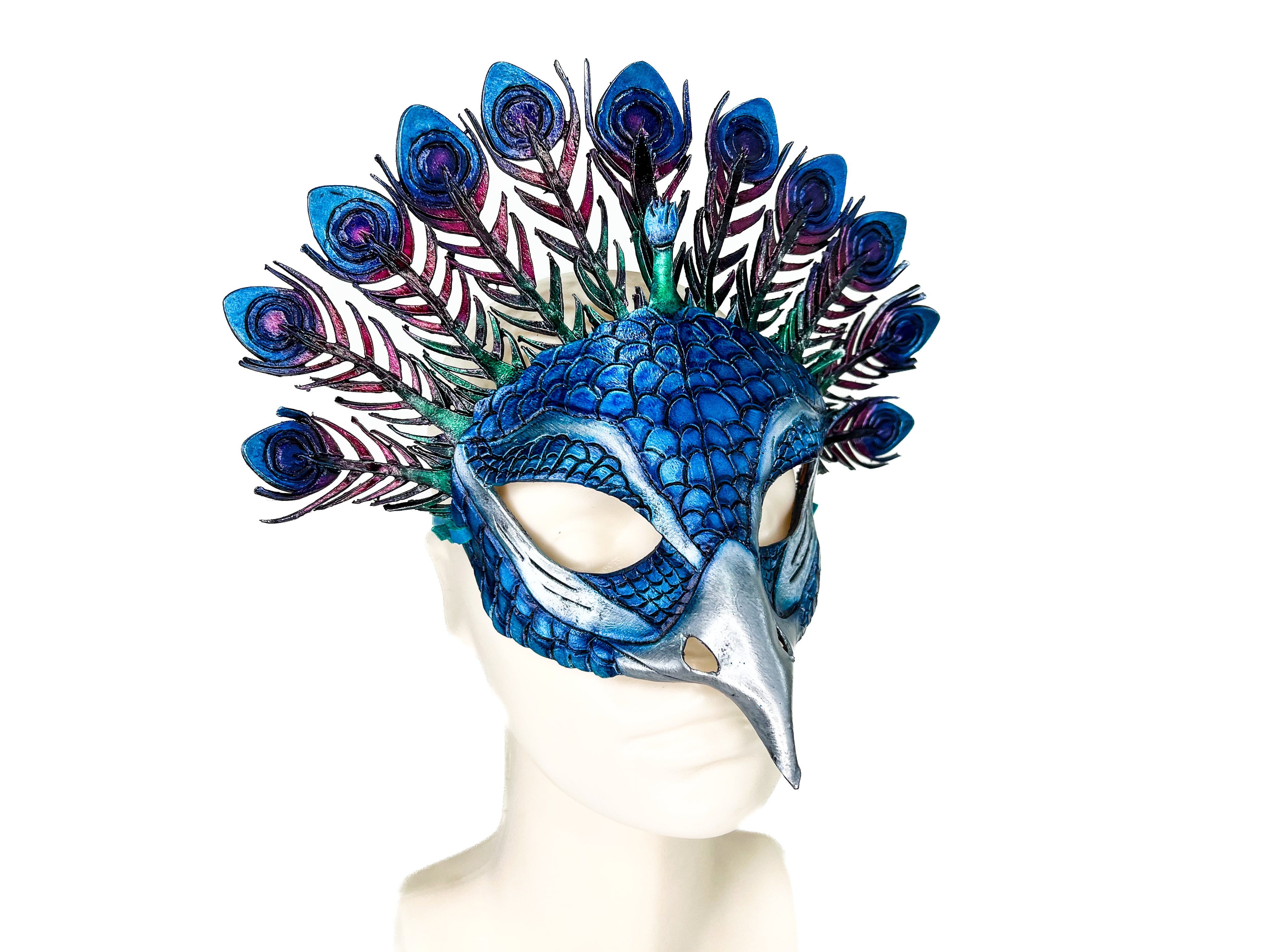 Metallic Blue Peacock Handmade Genuine Leather Mask by Rockwell Masks