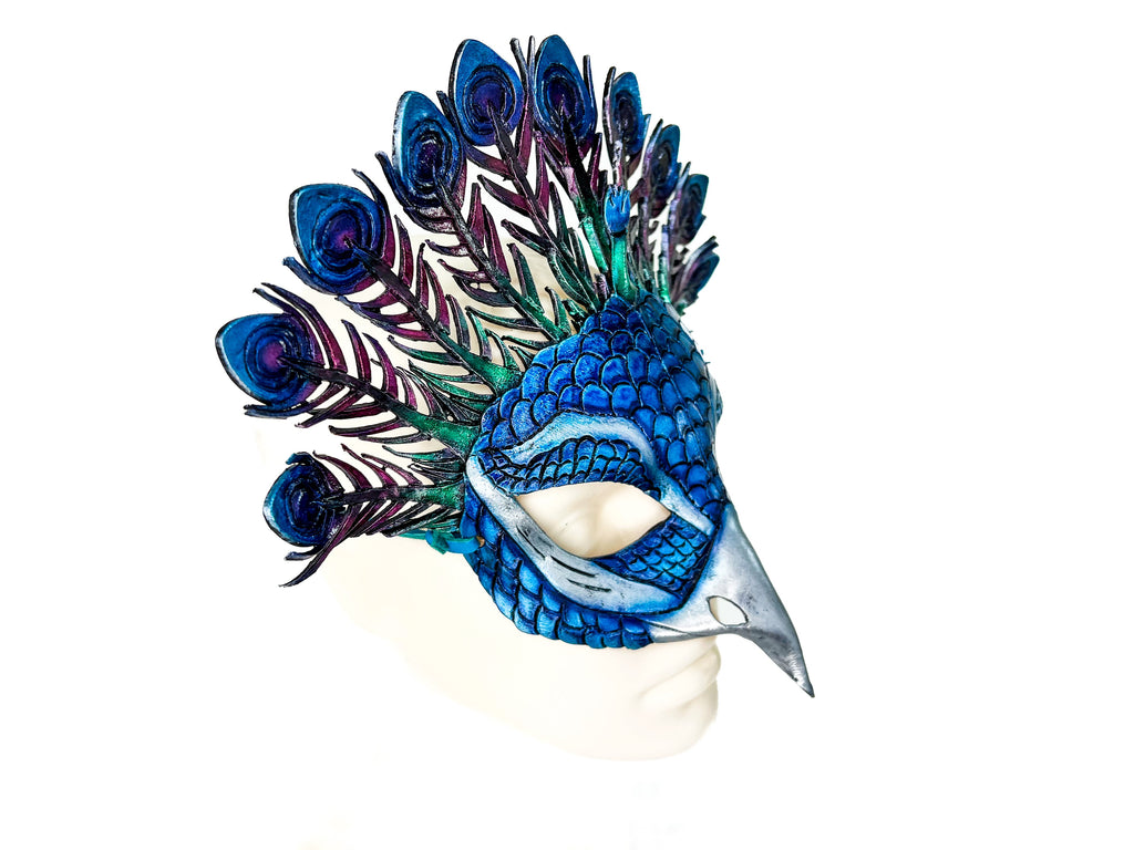 Metallic Blue Peacock Handmade Genuine Leather Mask by Rockwell Masks