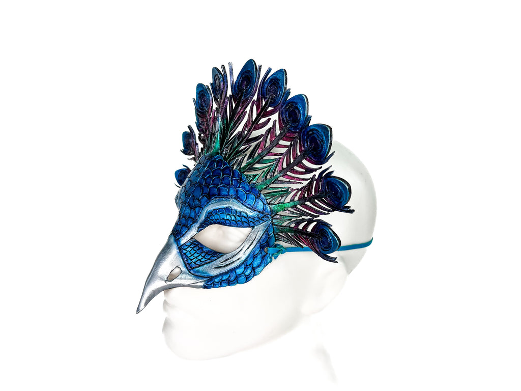 Metallic Blue Peacock Handmade Genuine Leather Mask by Rockwell Masks