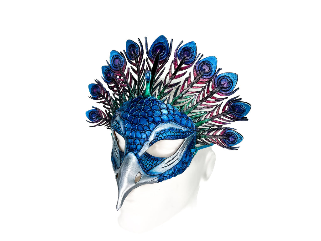 Metallic Blue Peacock Handmade Genuine Leather Mask by Rockwell Masks