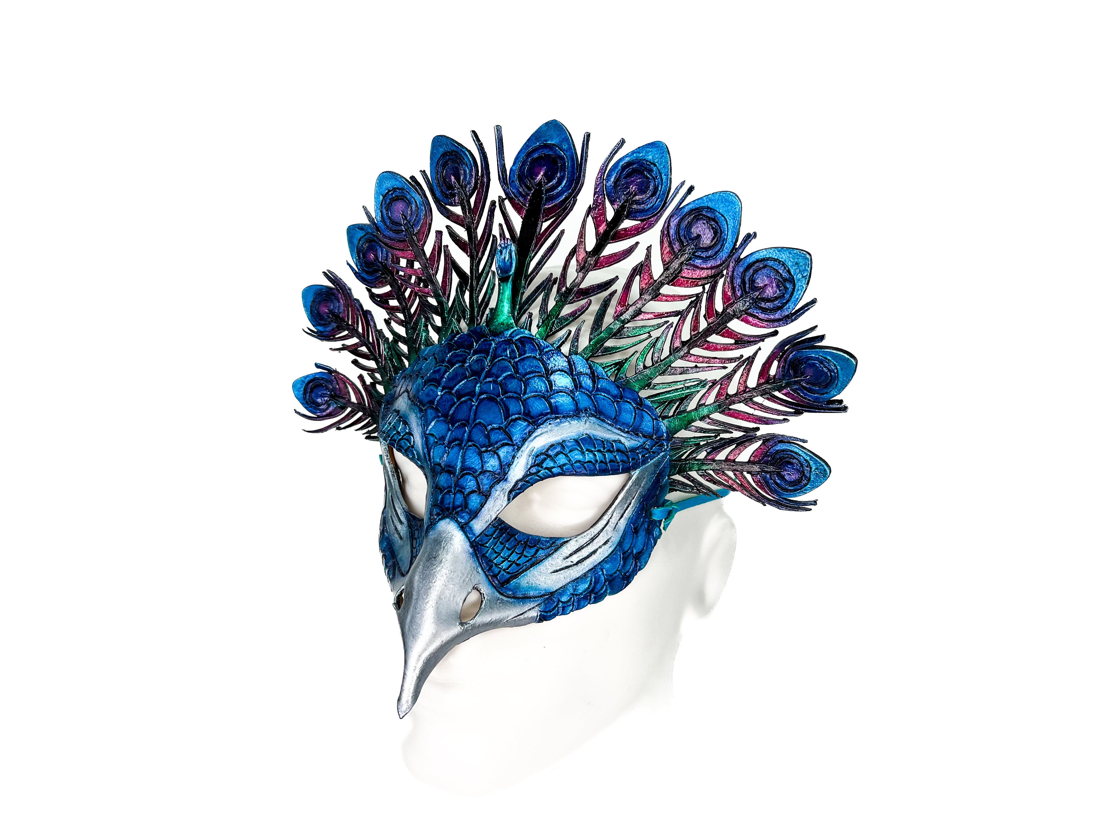 Metallic Blue Peacock Handmade Genuine Leather Mask by Rockwell Masks
