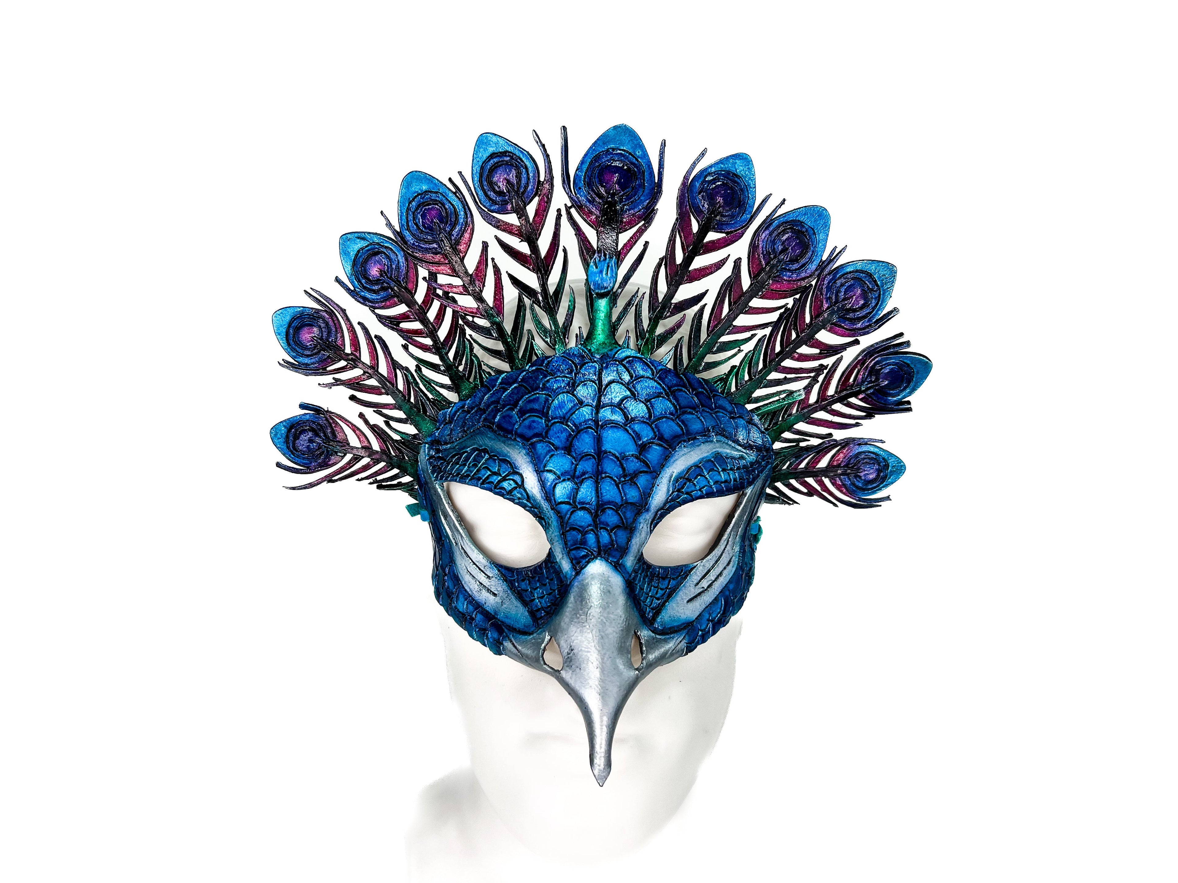 Metallic Blue Peacock Handmade Genuine Leather Mask by Rockwell Masks