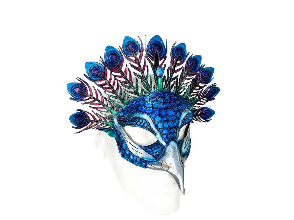 Metallic Blue Peacock Handmade Genuine Leather Mask by Rockwell Masks